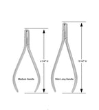 Measurement chart comparing medium handle and slim long handle pliers on a white background