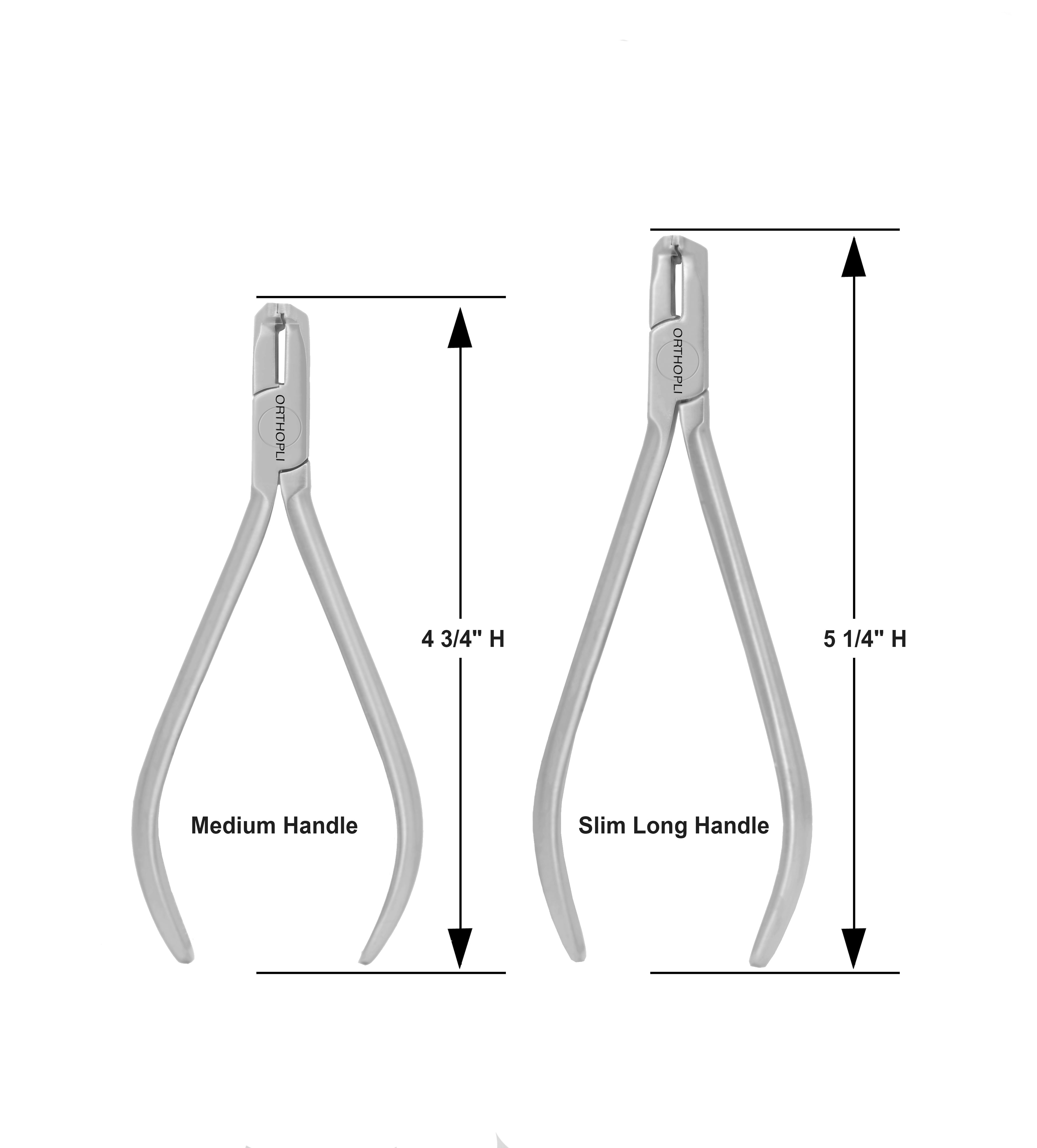 Measurement chart comparing medium handle and slim long handle pliers on a white background